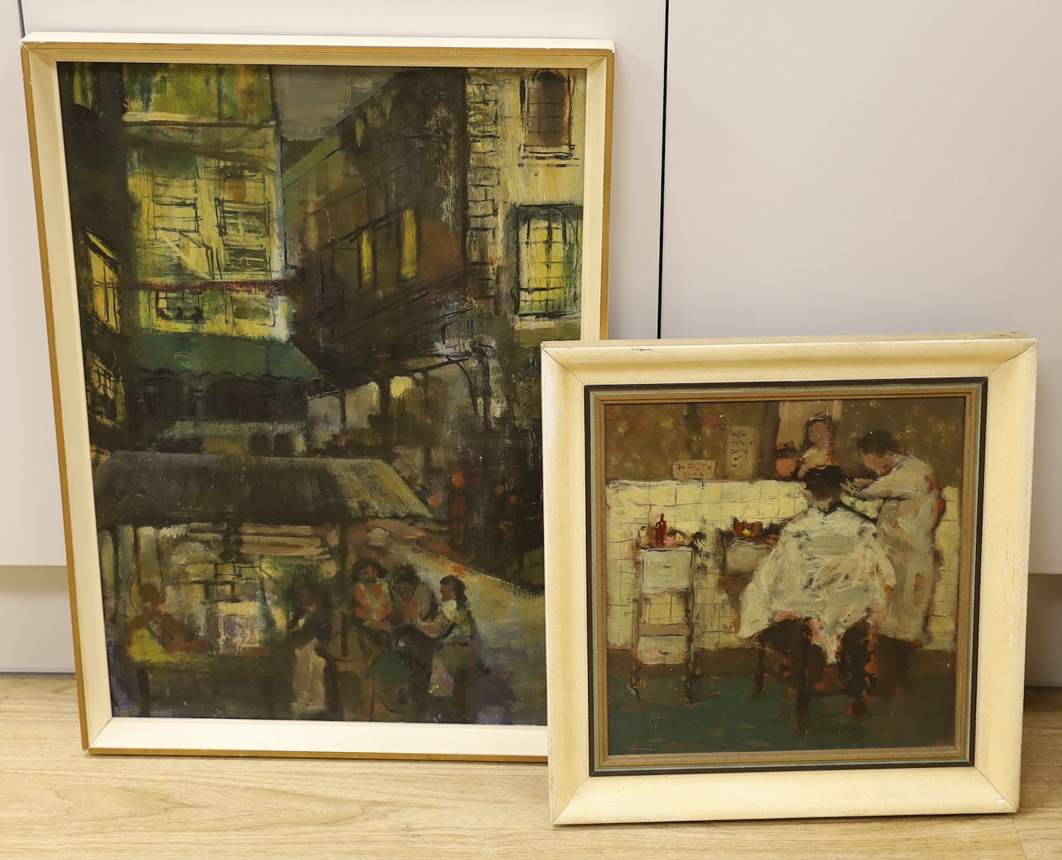 John Taylor (20th century British), oil on board, Street market, titled label verso, dated 1958, 58 x 41cms and another by the artist - Barbershop interior, oil on board, 30 x 20cms. (2)